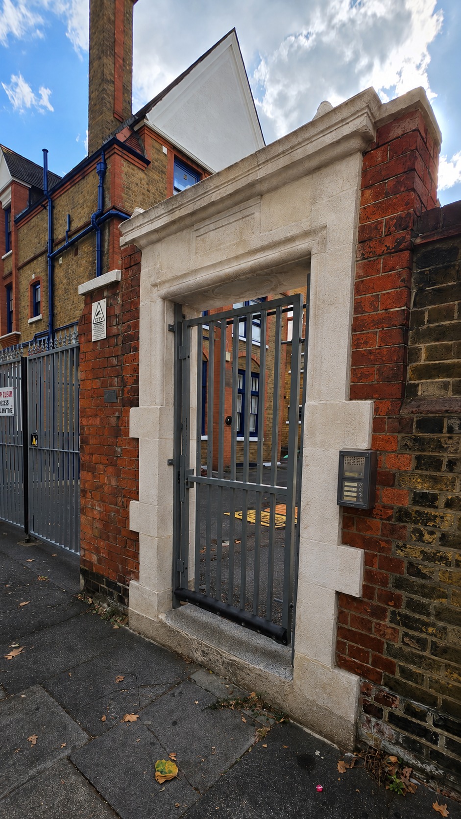 Cleaned stone entrance surround at Royal Gate Apartments